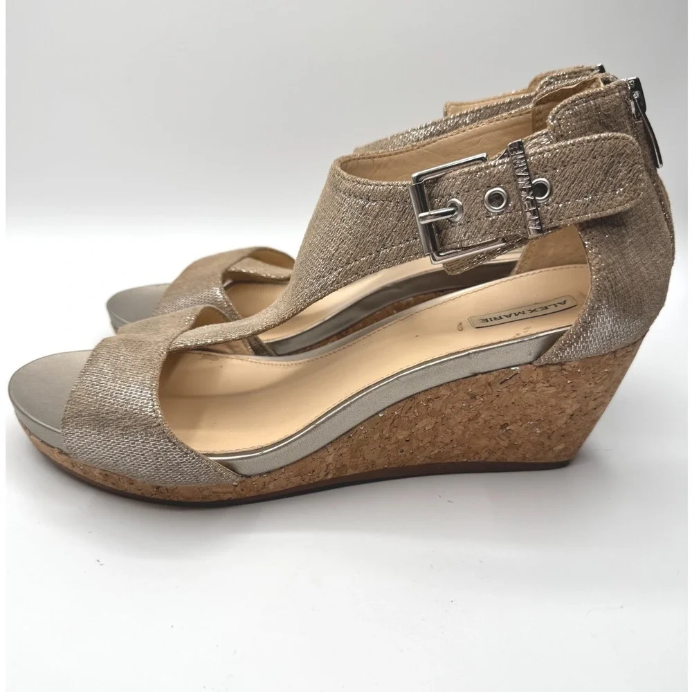 Alex Marie Metallic Gold T-Strap Cork Wedge Sandals Champagne size 9